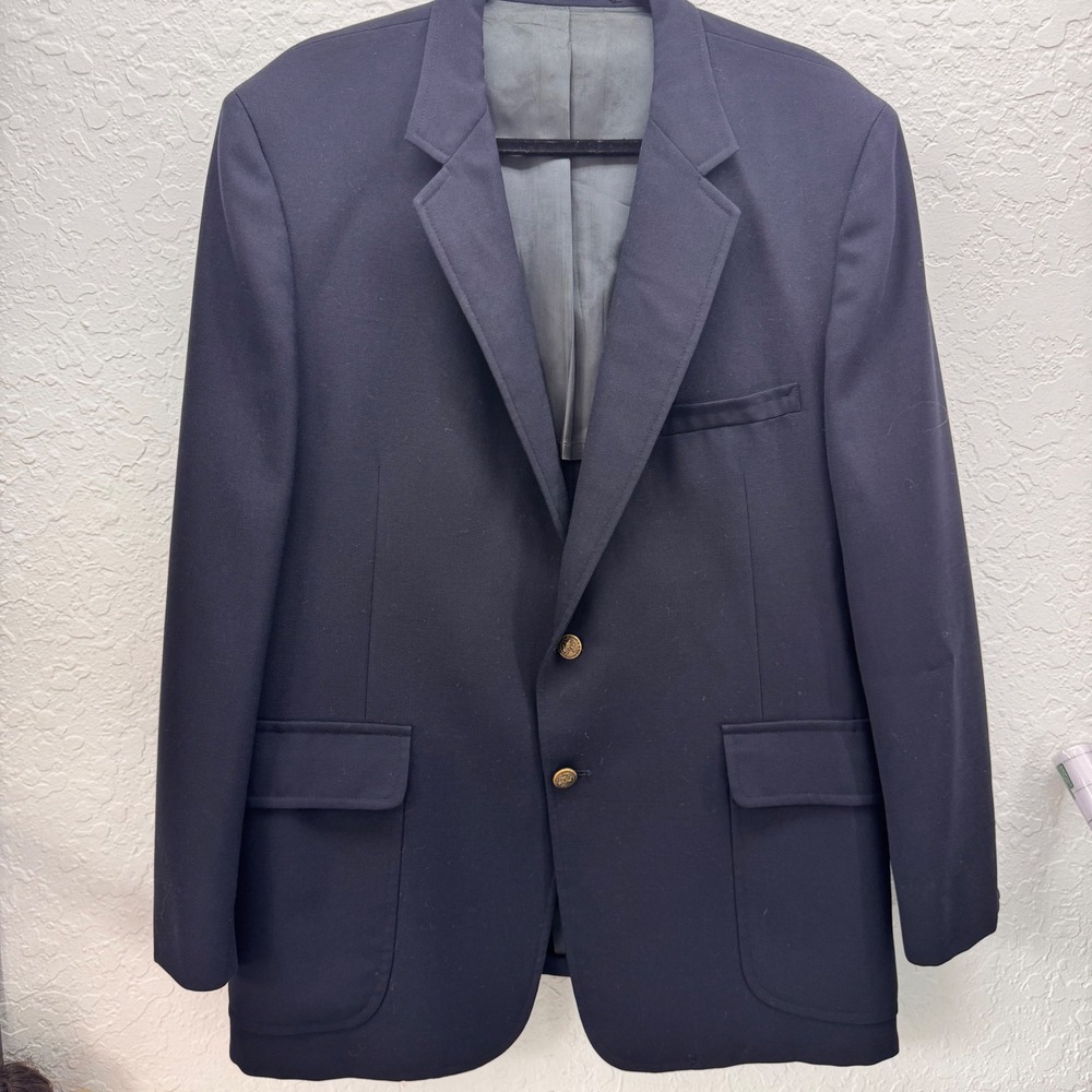 Byrds Asheville Mens Navy Blue Hopsack‎ Blazer Gold Crest Buttons Sport Coat